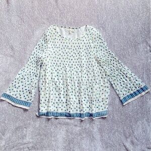 Pleated blouse with blue and green circles polka dot pattern, bohemian, size M